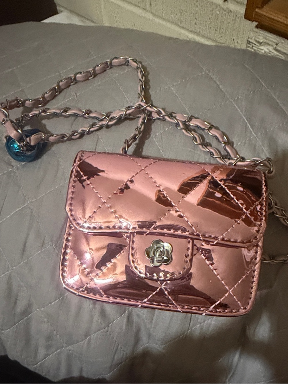 Metallic Pink Quilted Mini Crossbody Bag with Chain Strap